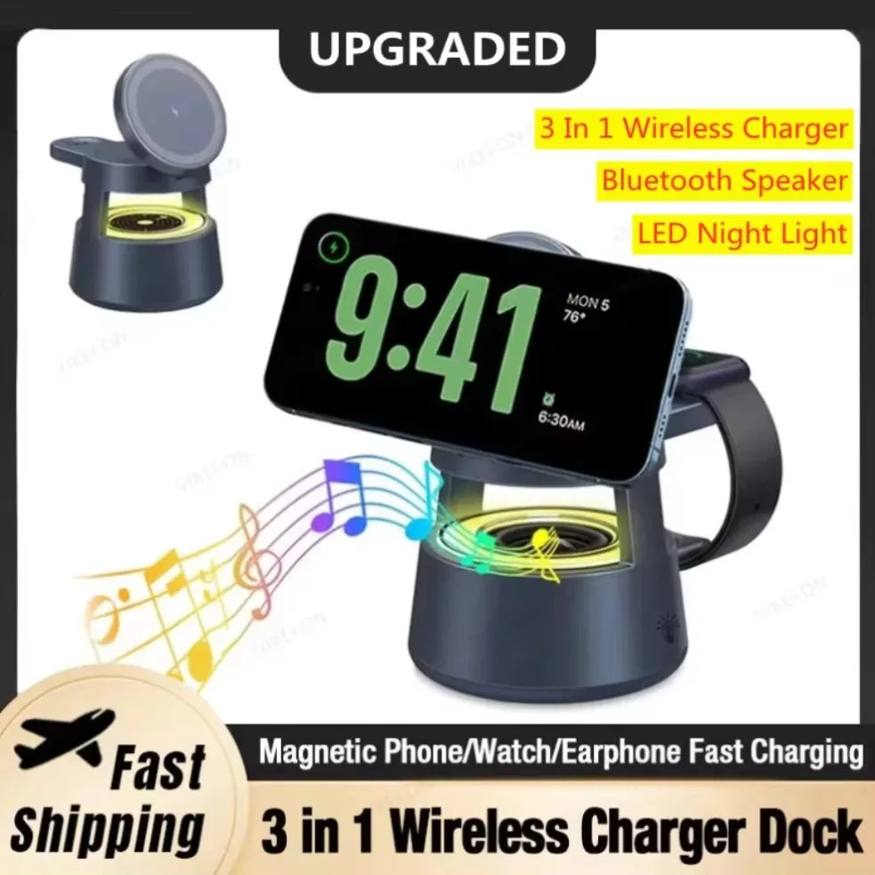 3 in 1 Desktop Wireless Charger LED Light Speaker Magnetic Fast Wireless Charging Phone Stand Holder For iPhone 16 Apple Watch