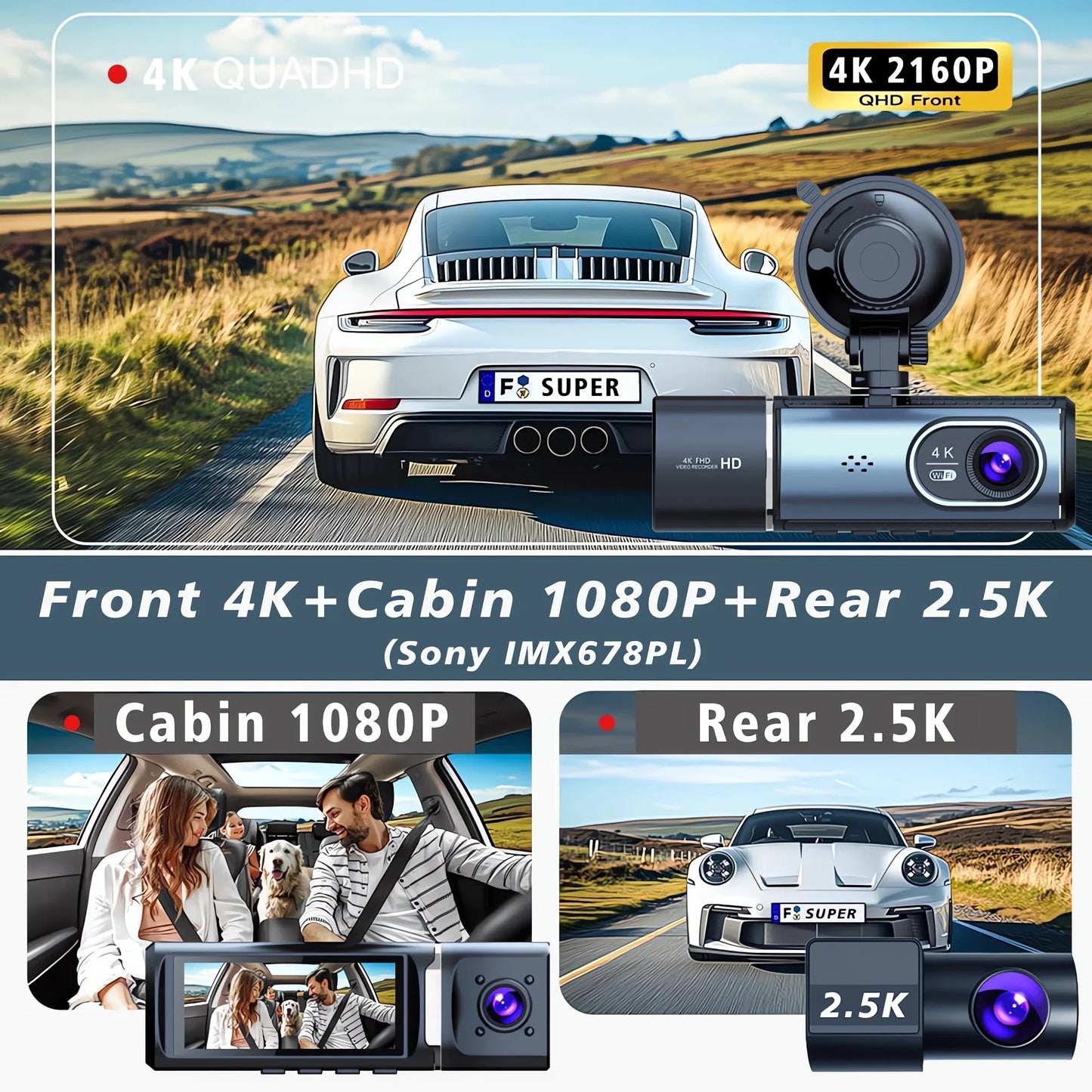 3 Channel 4K+2.5K+1080P Car DVR 5G WIFI GPS Dash Cam Camera Cabin Drive Recorder Dashcam Black Box 24H Monitoring Night Vision