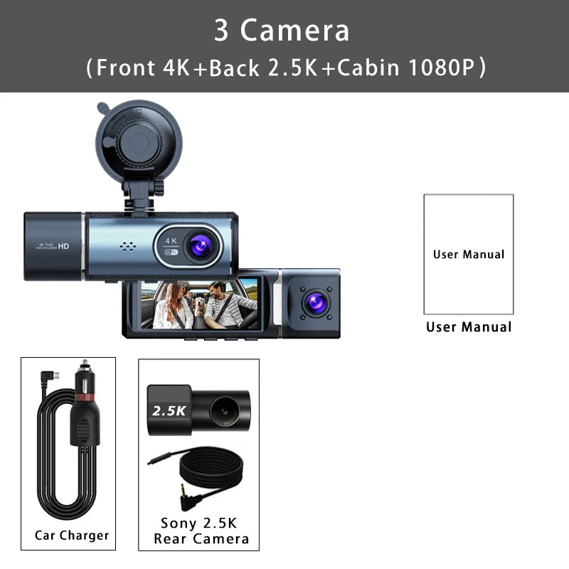 3 Channel 4K+2.5K+1080P Car DVR 5G WIFI GPS Dash Cam Camera Cabin Drive Recorder Dashcam Black Box 24H Monitoring Night Vision