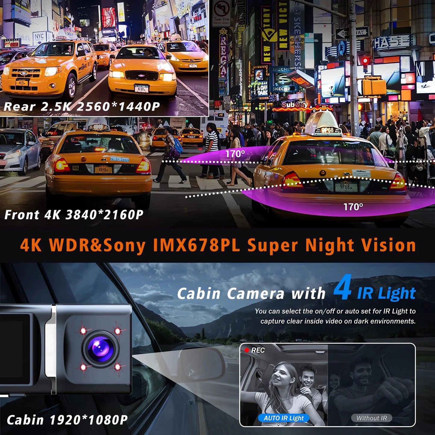3 Channel 4K+2.5K+1080P Car DVR 5G WIFI GPS Dash Cam Camera Cabin Drive Recorder Dashcam Black Box 24H Monitoring Night Vision