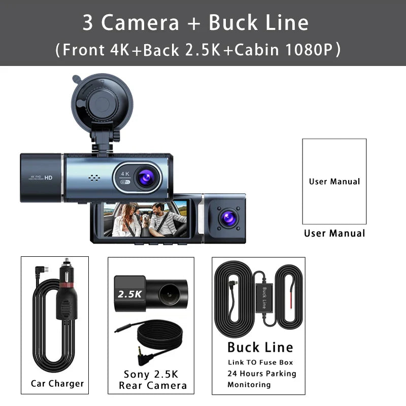 3 Channel 4K+2.5K+1080P Car DVR 5G WIFI GPS Dash Cam Camera Cabin Drive Recorder Dashcam Black Box 24H Monitoring Night Vision