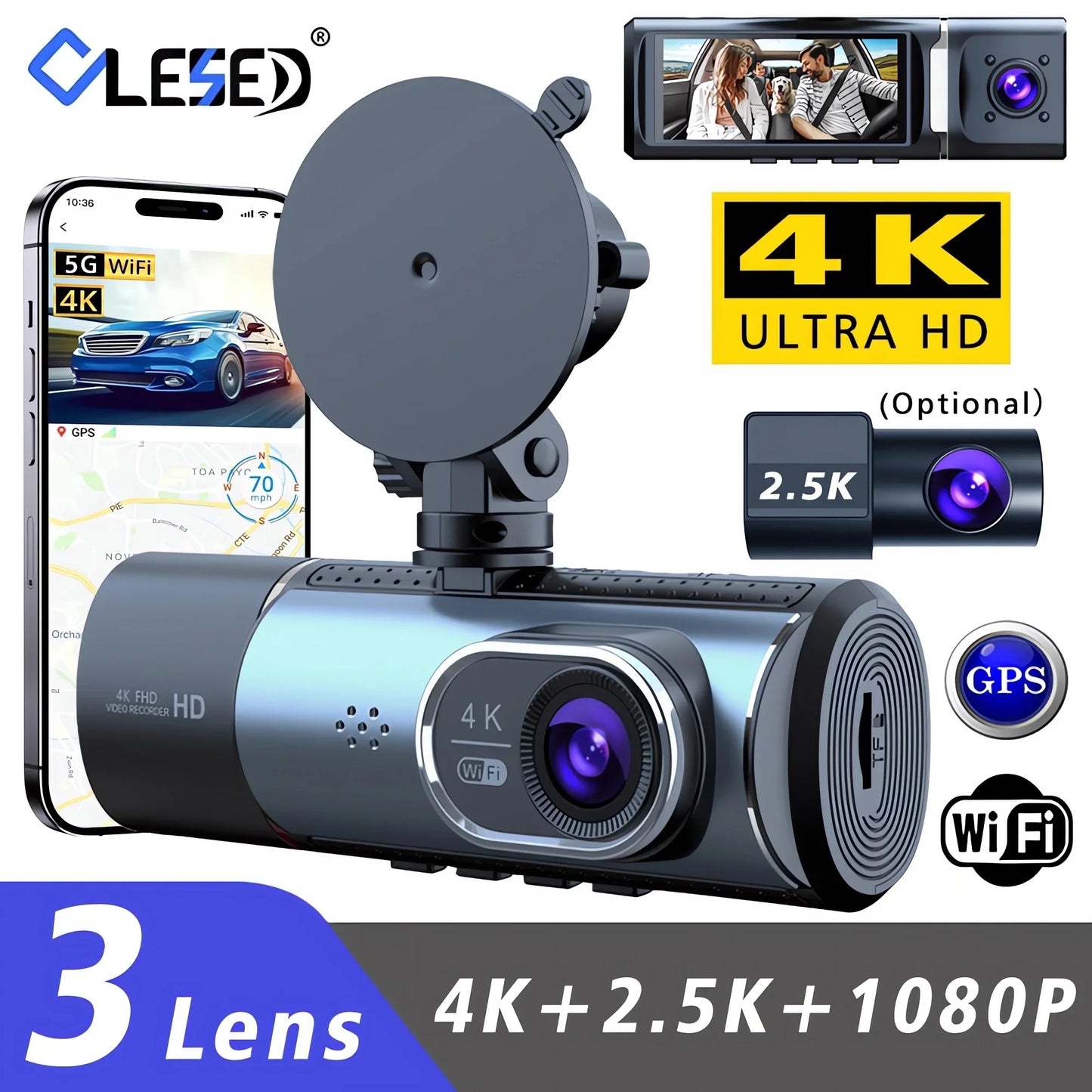 3 Channel 4K+2.5K+1080P Car DVR 5G WIFI GPS Dash Cam Camera Cabin Drive Recorder Dashcam Black Box 24H Monitoring Night Vision