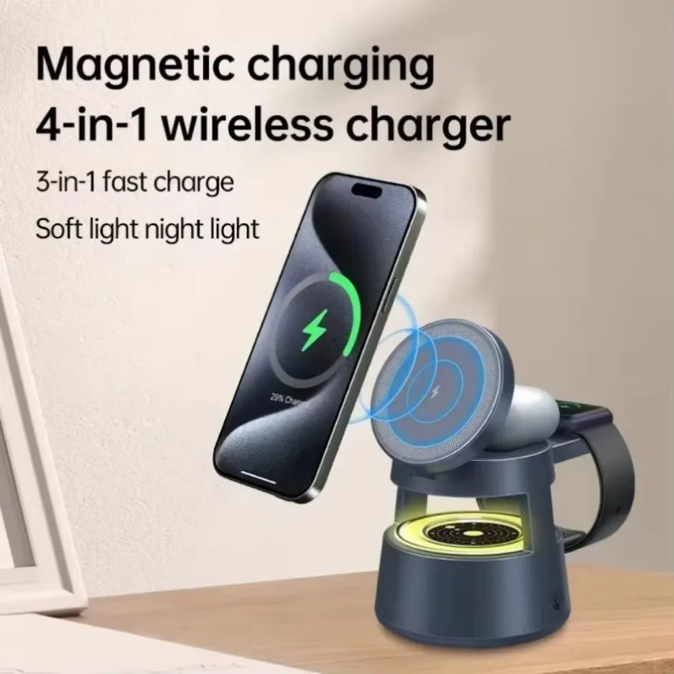 3 in 1 Desktop Wireless Charger LED Light Speaker Magnetic Fast Wireless Charging Phone Stand Holder For iPhone 16 Apple Watch