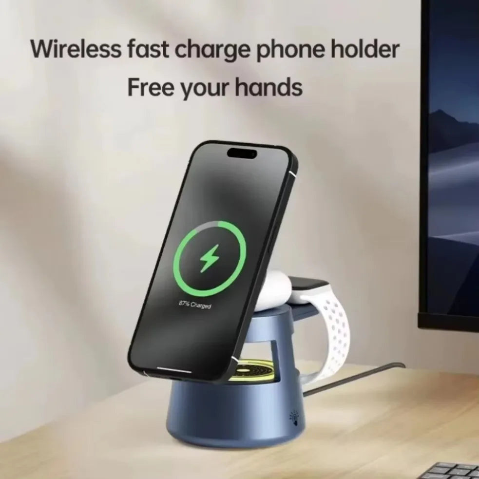3 in 1 Desktop Wireless Charger LED Light Speaker Magnetic Fast Wireless Charging Phone Stand Holder For iPhone 16 Apple Watch
