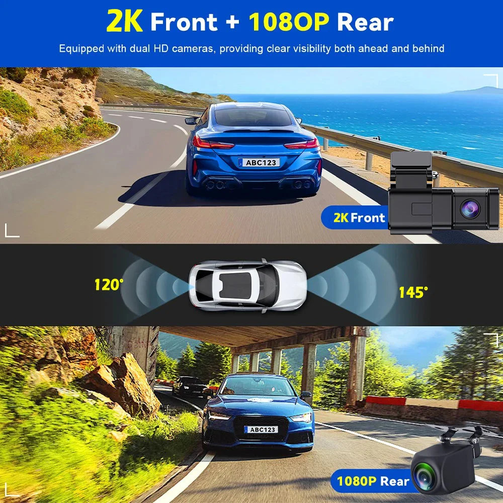 2K WiFi Dash Cam Night Vision and 1080P Rear Camera WDR Wide Angle 24H Parking Monitor Collision Sensor Car Road Camera Recorder