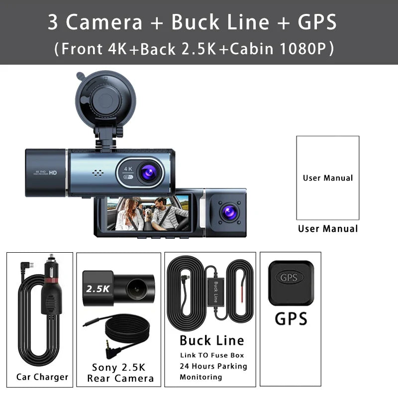 3 Channel 4K+2.5K+1080P Car DVR 5G WIFI GPS Dash Cam Camera Cabin Drive Recorder Dashcam Black Box 24H Monitoring Night Vision