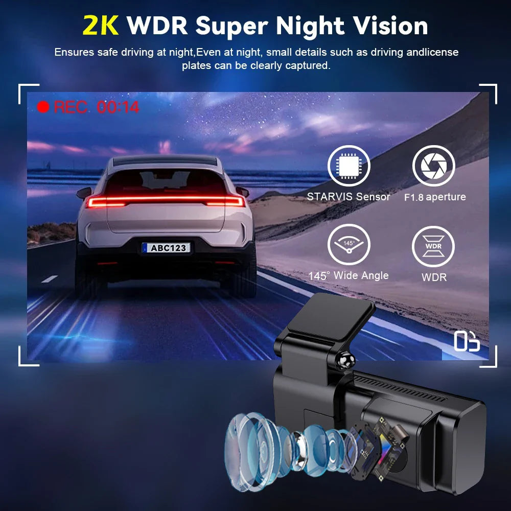2K WiFi Dash Cam Night Vision and 1080P Rear Camera WDR Wide Angle 24H Parking Monitor Collision Sensor Car Road Camera Recorder