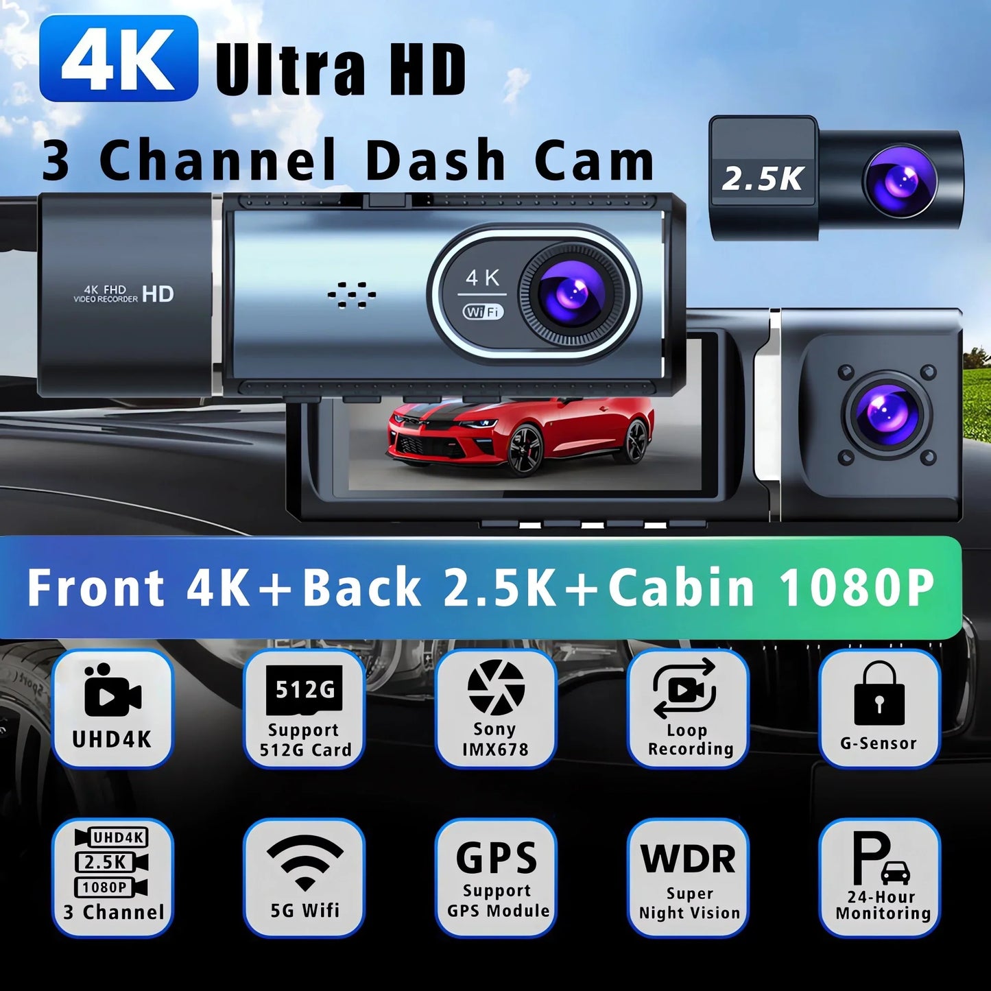 3 Channel 4K+2.5K+1080P Car DVR 5G WIFI GPS Dash Cam Camera Cabin Drive Recorder Dashcam Black Box 24H Monitoring Night Vision