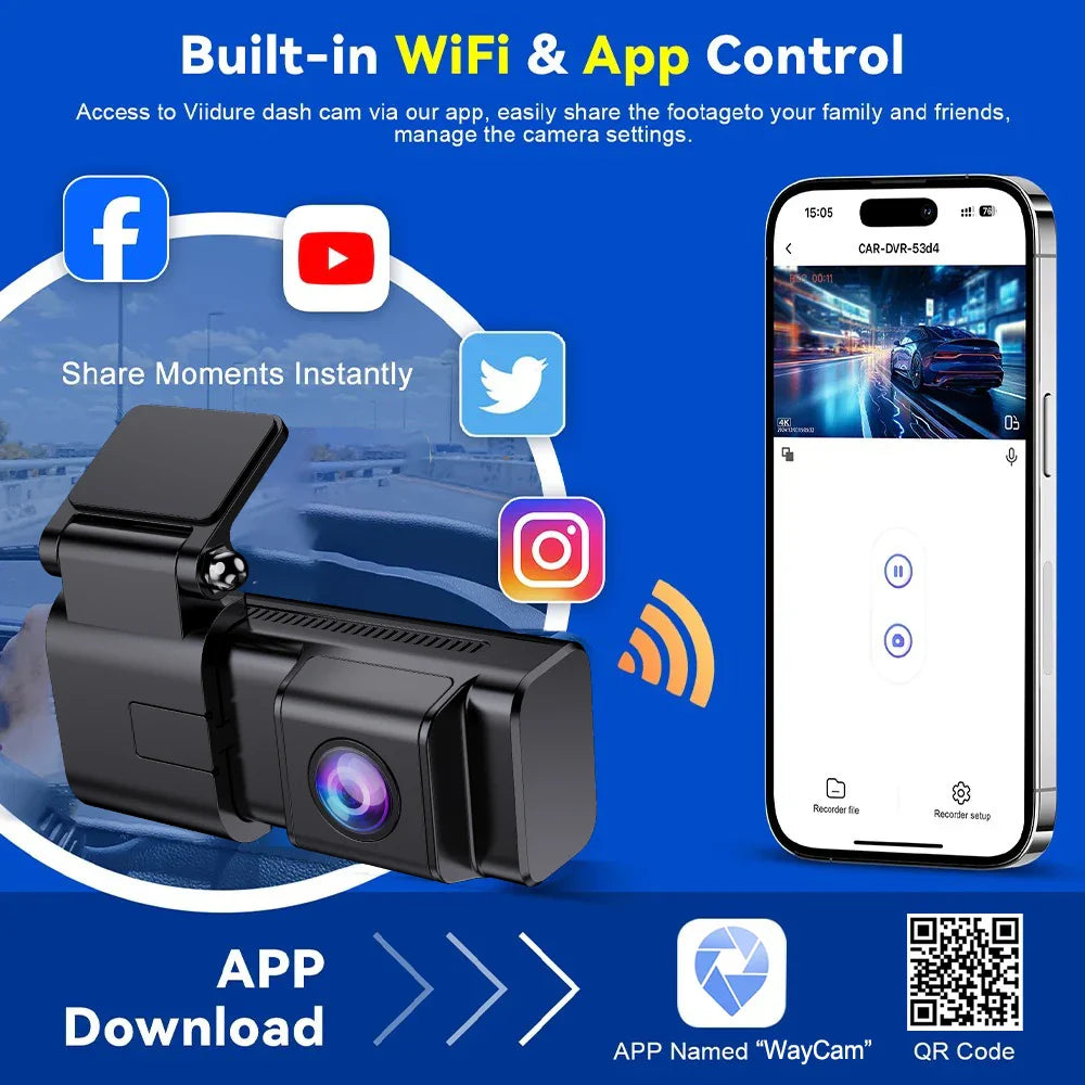 2K WiFi Dash Cam Night Vision and 1080P Rear Camera WDR Wide Angle 24H Parking Monitor Collision Sensor Car Road Camera Recorder