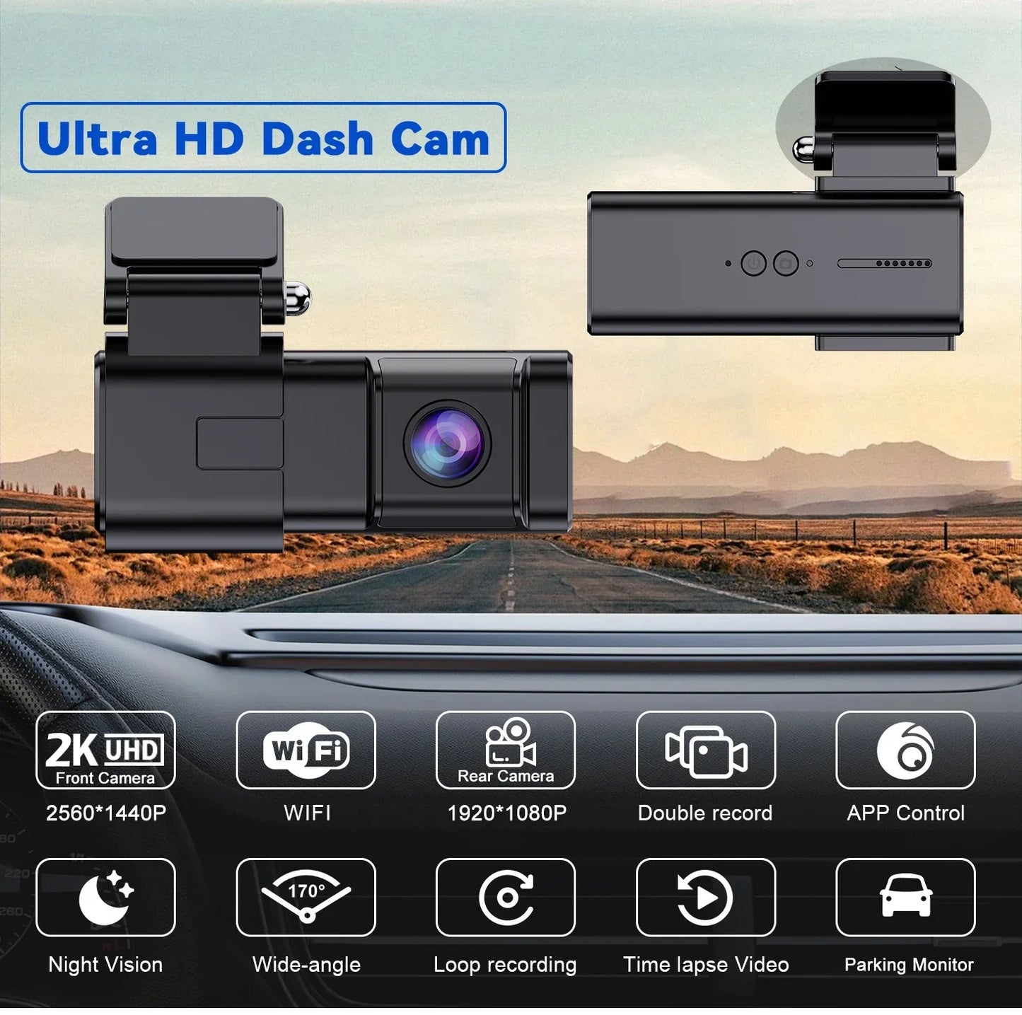2K WiFi Dash Cam Night Vision and 1080P Rear Camera WDR Wide Angle 24H Parking Monitor Collision Sensor Car Road Camera Recorder