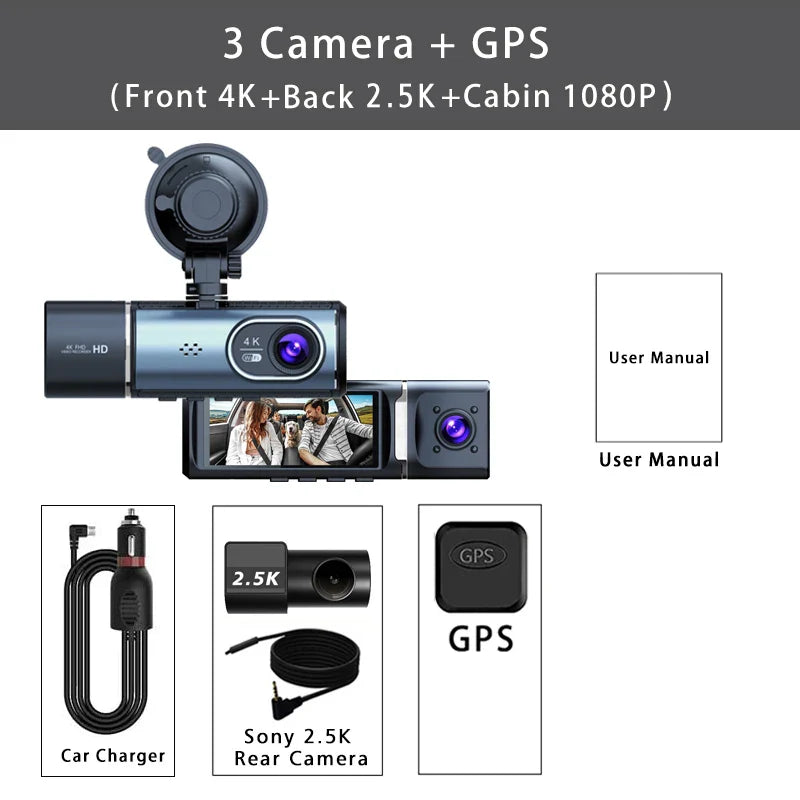 3 Channel 4K+2.5K+1080P Car DVR 5G WIFI GPS Dash Cam Camera Cabin Drive Recorder Dashcam Black Box 24H Monitoring Night Vision